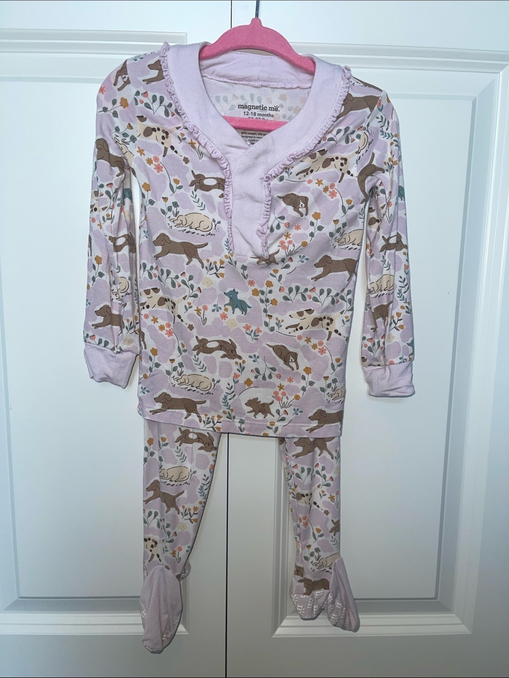 Magnetic Me Floral Dog Print Two Piece Footed Pajama Set - Size 12-18 month